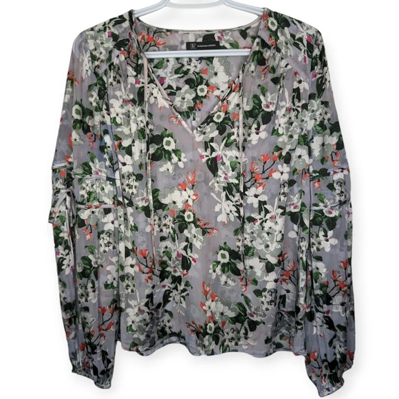 INC International Concepts Tie V  Neck Grey Floral Textured Blouse Women Small - Picture 1 of 11